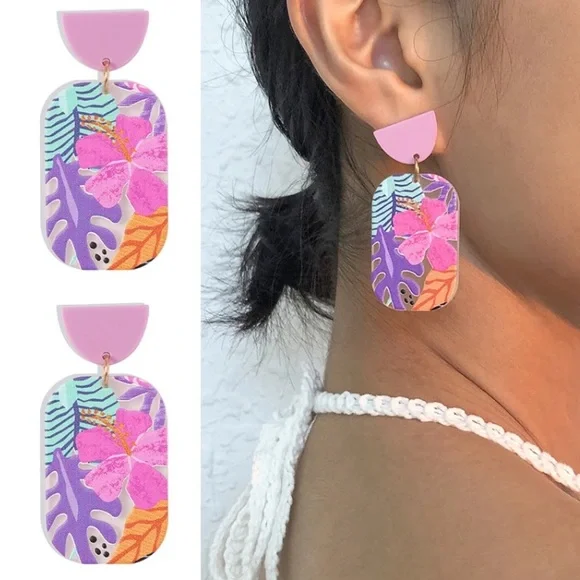 🌟 Acrylic Flower Hibiscus Tropical Transparent Square Earrings Palm Leaf - Picture 1 of 4